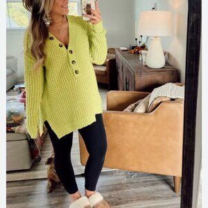 Free People Whistle Thermal Henley Knit Sweater in Acid Lime Combo Size XS